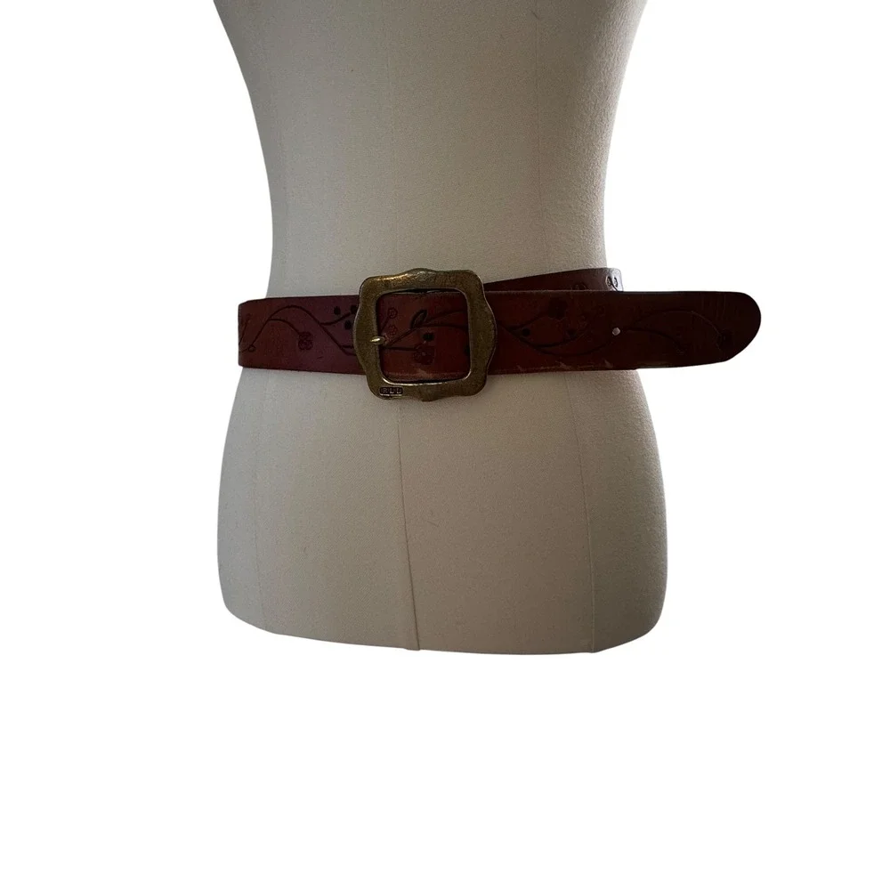 RRL Double RL Ralph Lauren Hand Tooled Leather Floral Belt Brass Buckle